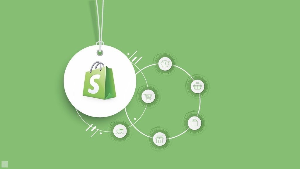Shopify logo and graph explaining store management process, such as products categories