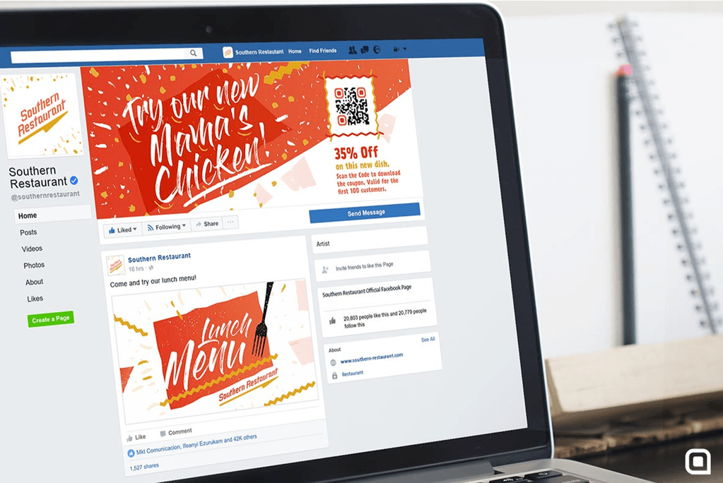 A Coupon QR Code on a Facebook banner image incentivizes customers to try out a new restaurant