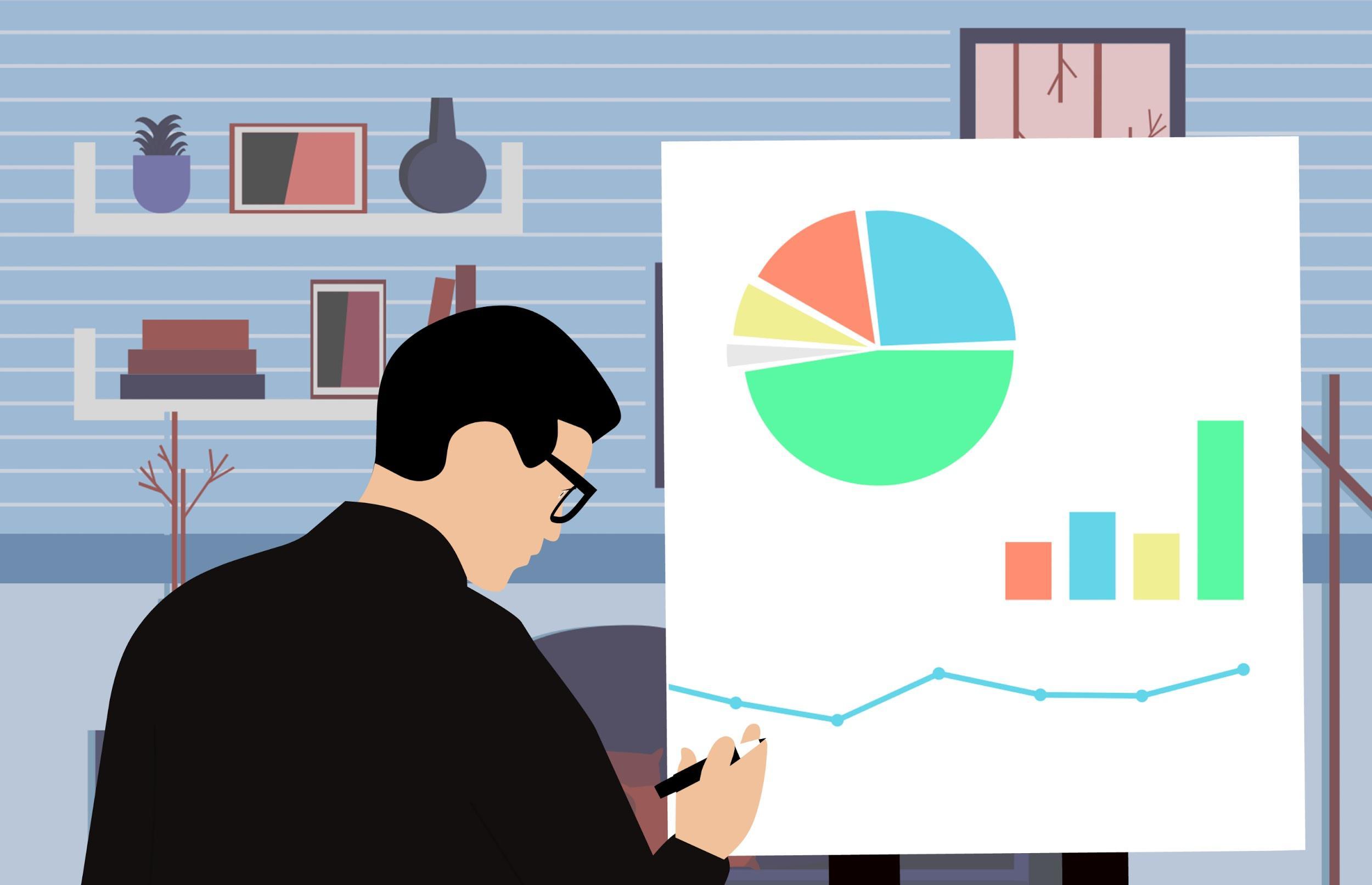 Silhouette of a businessman analysing ecommerce sales statistics.