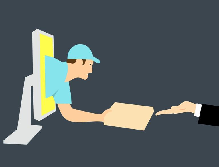 Cartoon of dropshipping package being delivered through computer screen