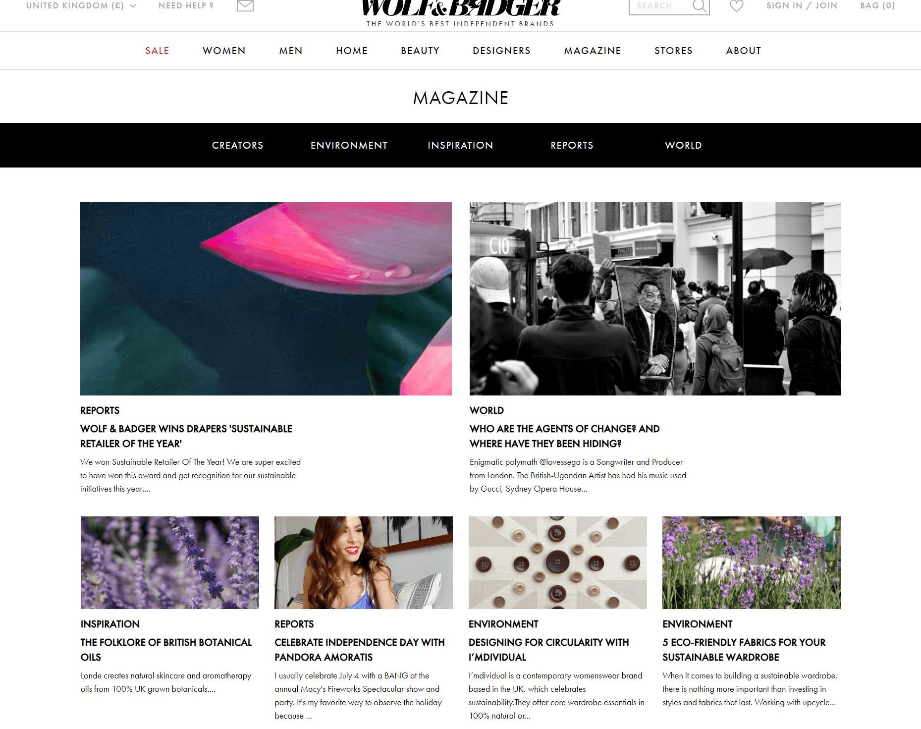 Screenshot of the Wolf and Badgers blog homepage as an example of the best fashion websites.