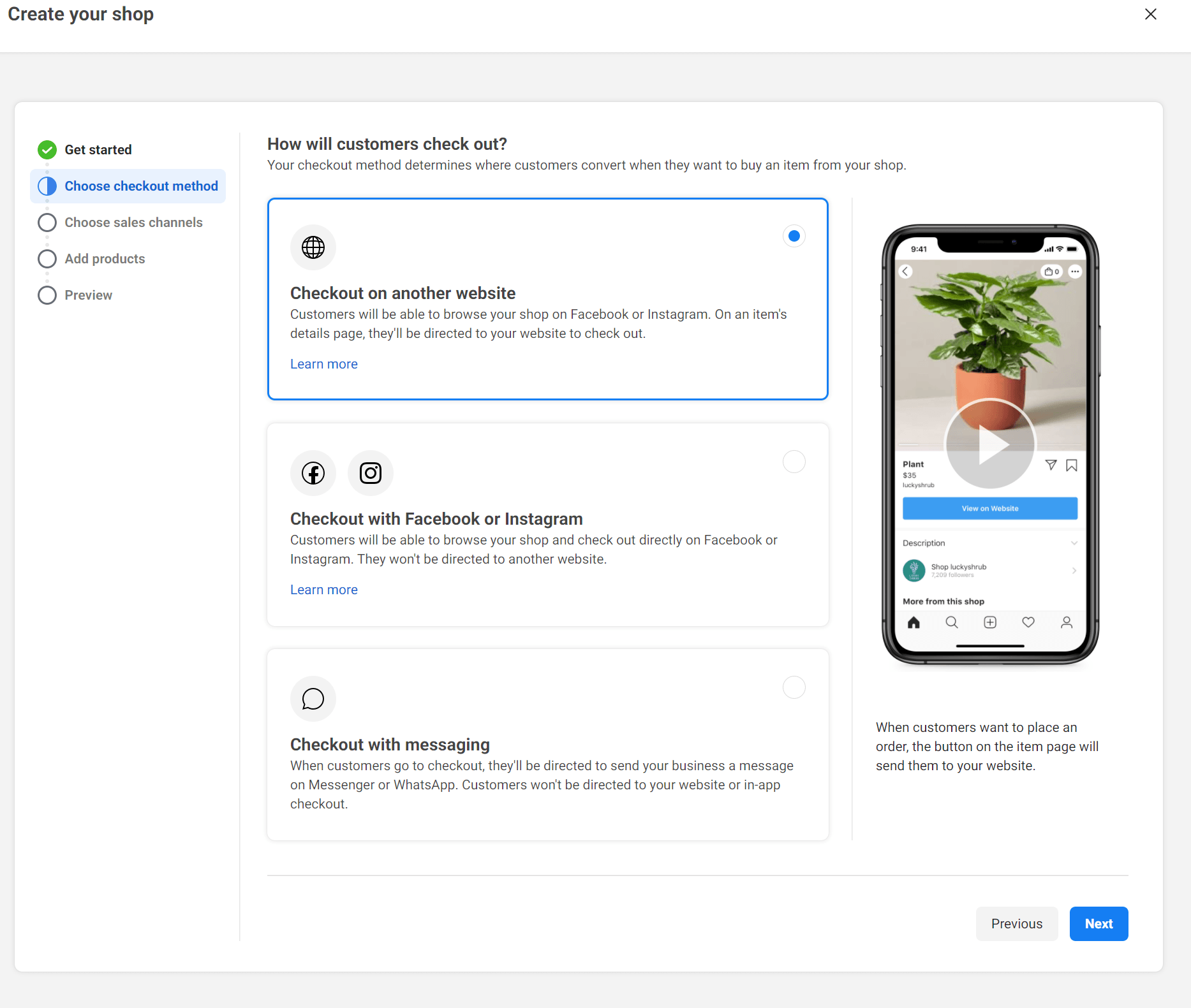 Screenshot of setting up a Facebook shop process