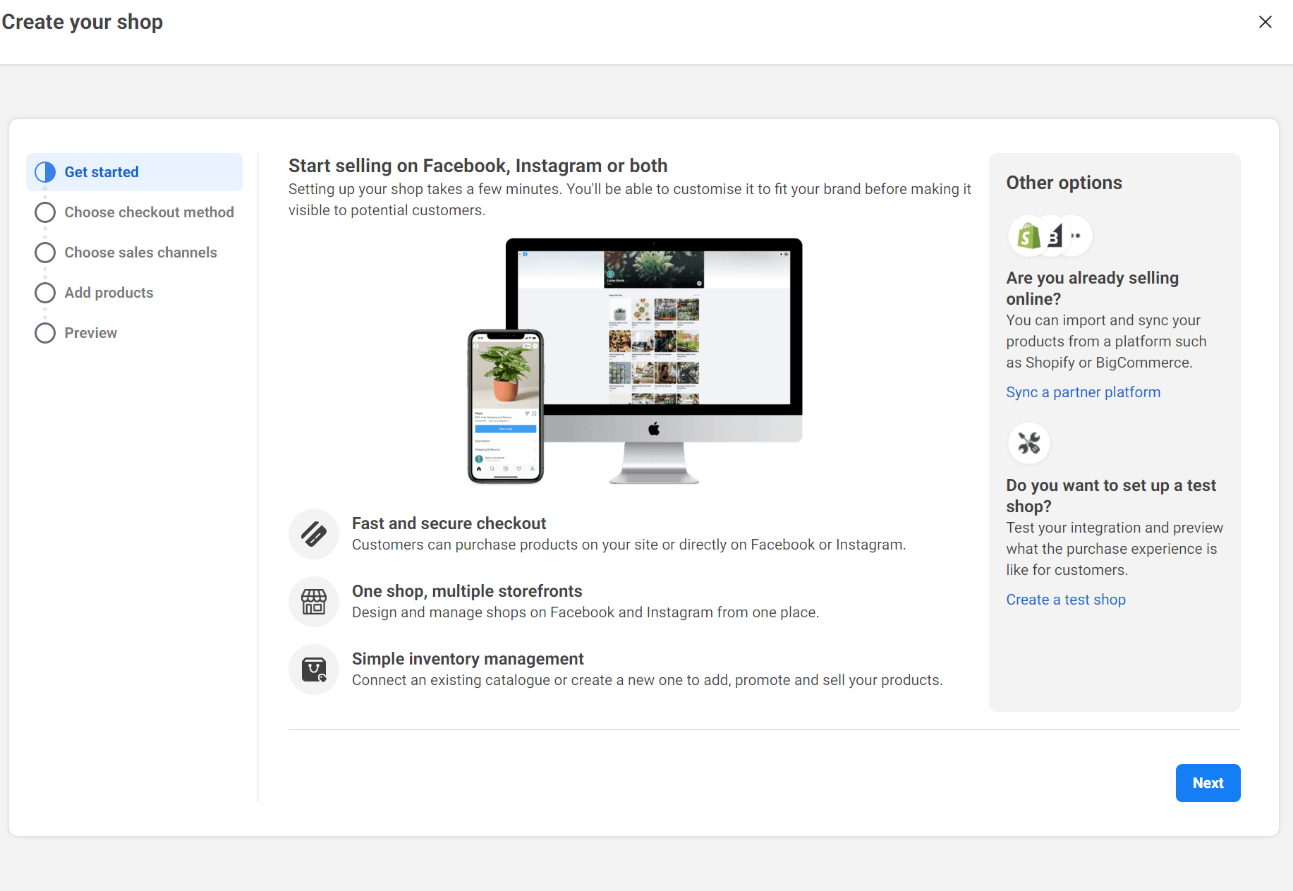 Screenshot of the first stage of setting up a Facebook store.