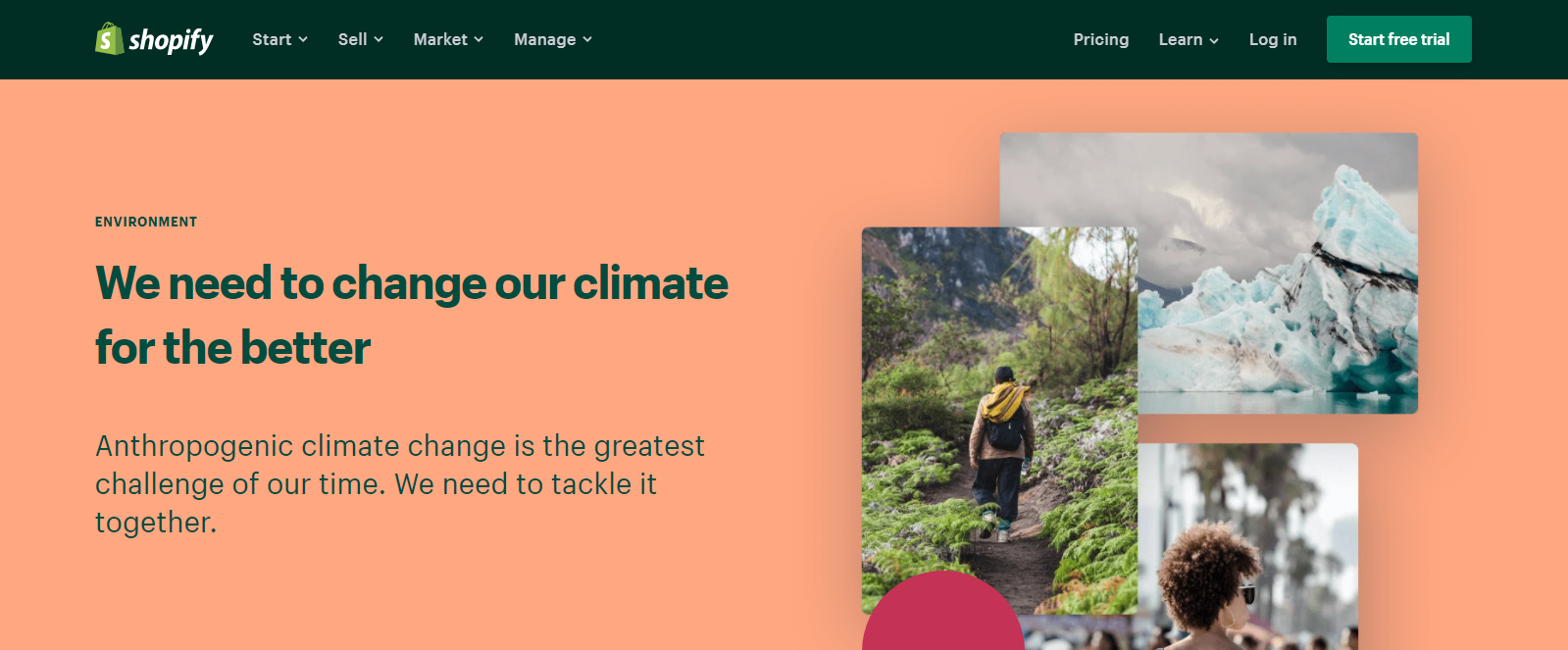 A screenshot of Shopify's website highlighting their environmental commitments, including in relation to Shop Pay