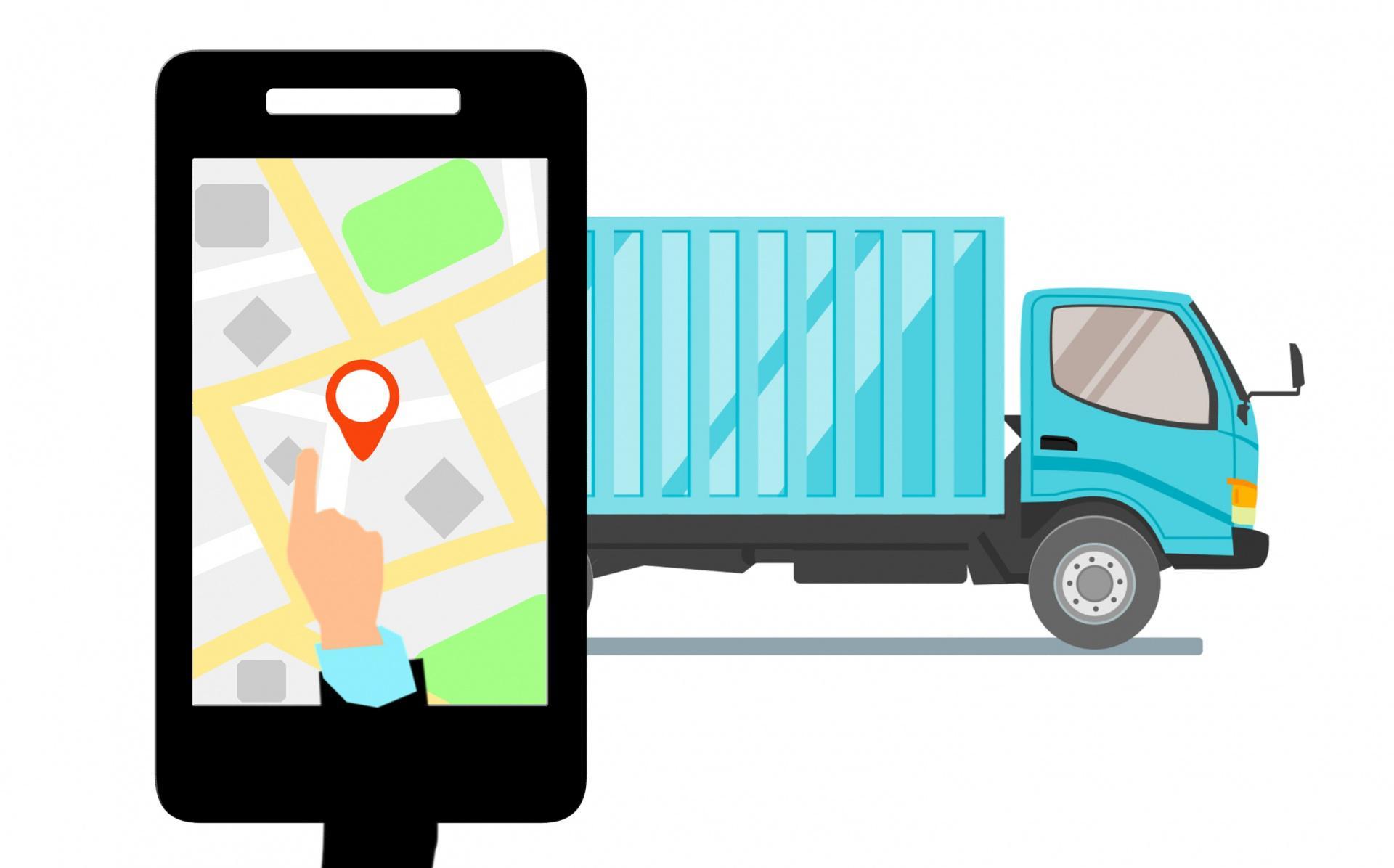 A cartoon image of a forefinger on a mobile phone points at a location on a map, with a blue van behind