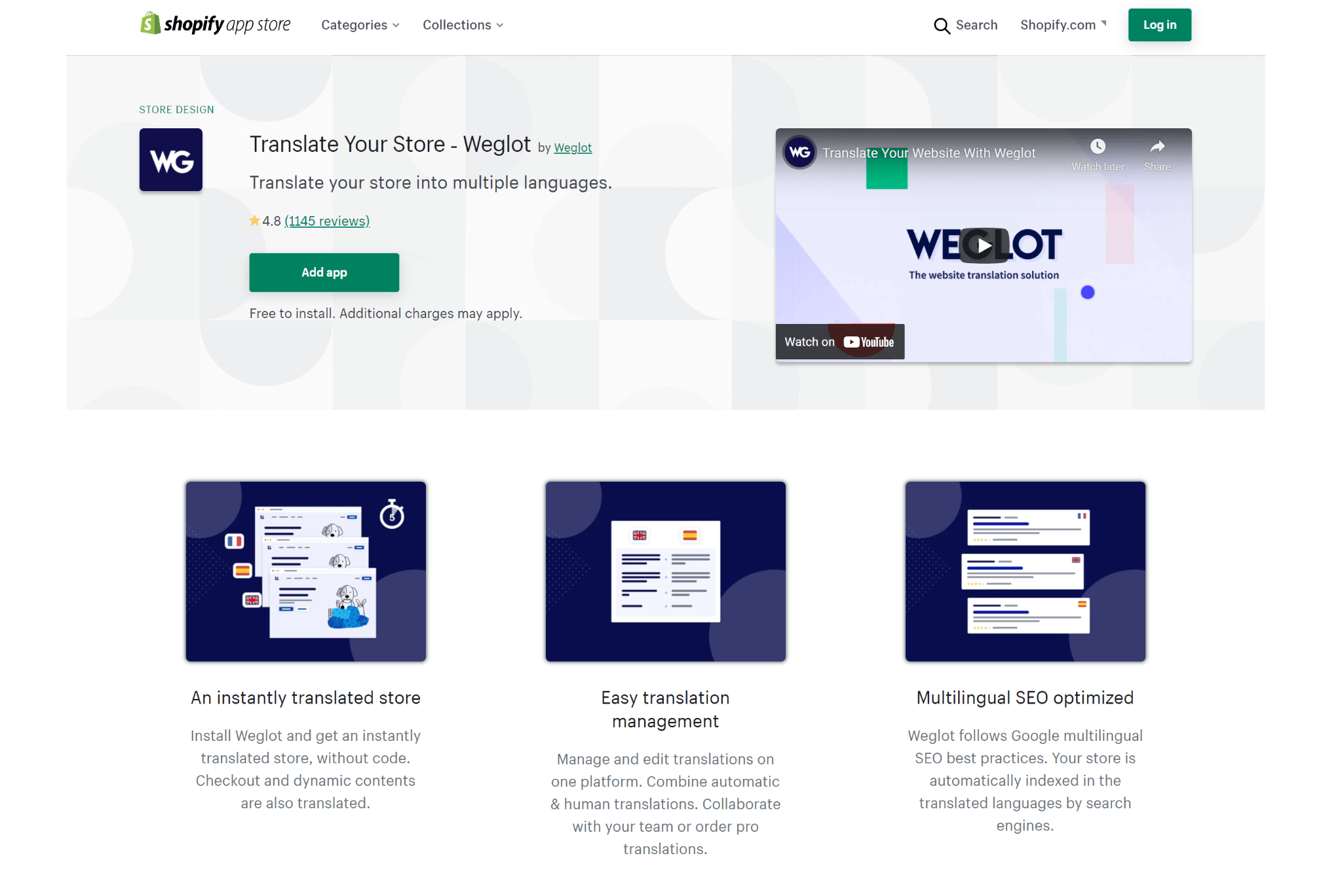 A screenshot of the Weglot app available on the Shopify app store 